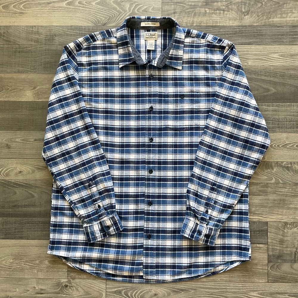 LL Bean Flannel Shirt Men’s XL Reg Slightly Fitted Blue White Plaid 502830
